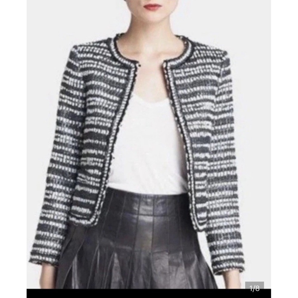 Alice + Olivia Black and White Tweed Kidman Jacket Size S Open Front